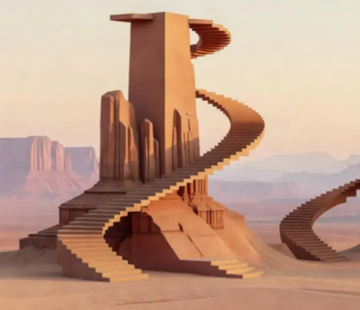 Pastelowy, monumentalny krajobraz z niemożliwymi budowlami w stylu Monument Valley