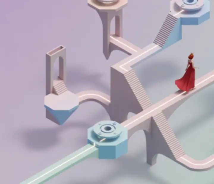 Przykładowa solucja rozdziału Monument Valley z zaznaczonymi ścieżkami ruchu