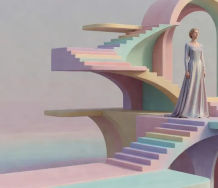 Stylizowana, minimalistyczna wieża z Monument Valley unosząca się pośród pastelowego nieba
