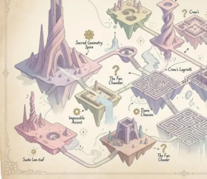 Schematyczna mapa poziomów Monument Valley z zaznaczonymi kluczowymi obszarami