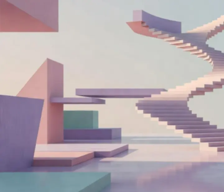 Minimalistyczna kompozycja geometrycznych wież i pastelowych krajobrazów w stylu Monument Valley