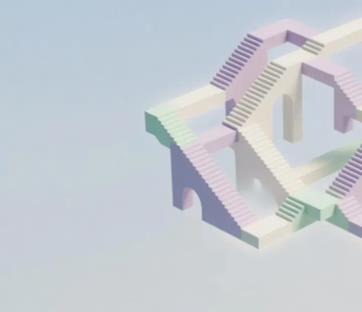 Minimalistyczna, geometryczna architektura inspirowana Monument Valley z niemożliwymi schodami i wieżami
