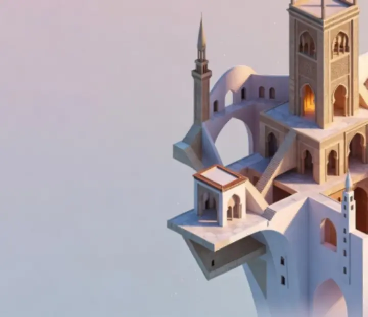 Fantazyjna, monumentalna świątynia z unoszącymi się schodami w stylu Monument Valley