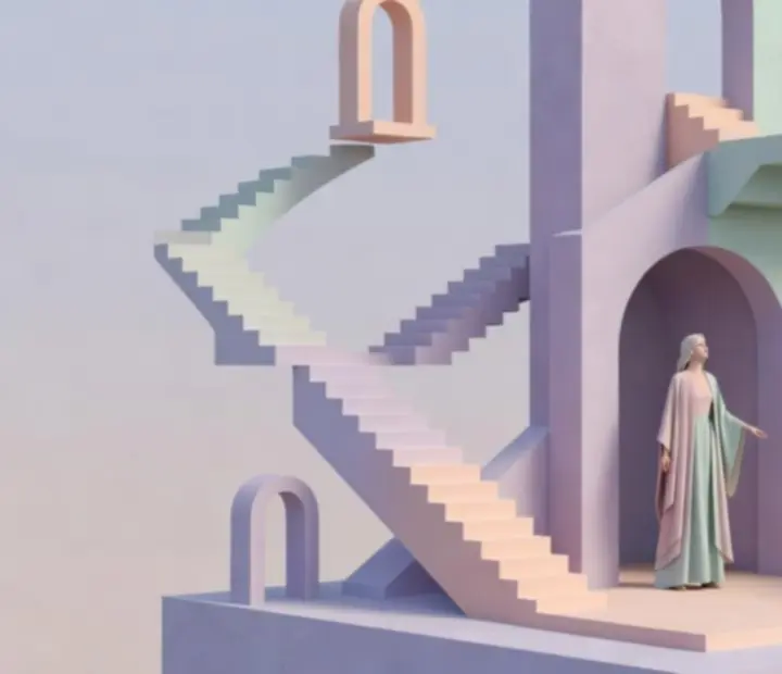 Stylizowana scena z Monument Valley z księżniczką Idą na geometrycznej wieży