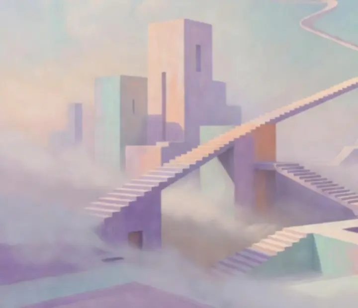 Pastelowy, oniryczny krajobraz przypominający poziom z Monument Valley