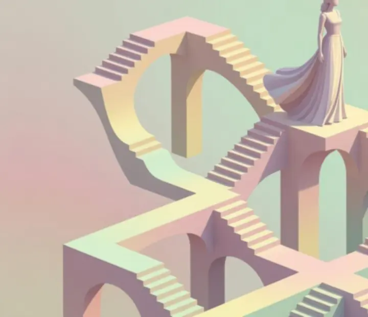 Ilustracja przedstawiająca abstrakcyjną łamigłówkę w stylu Monument Valley