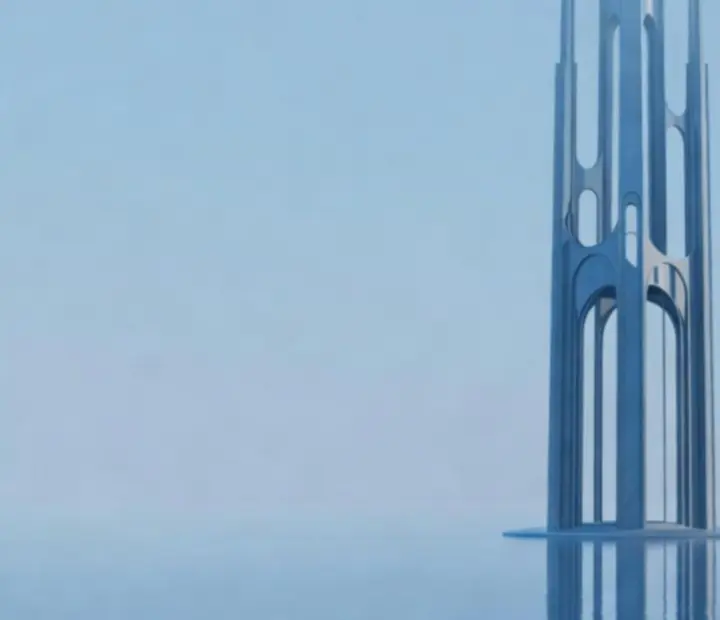 Minimalistyczna, błękitna wieża z kolumnami odbijającymi echo w Monument Valley
