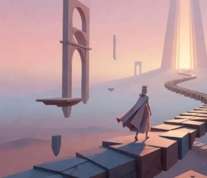Finałowa, spokojna konstrukcja z pastelowym krajobrazem w końcowym rozdziale Monument Valley